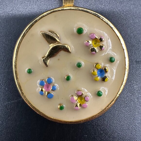 Hummingbird Flower Pendant Necklace Enamel Gold Tone 18" Chain Whimsical Nature - Picture 3 of 7